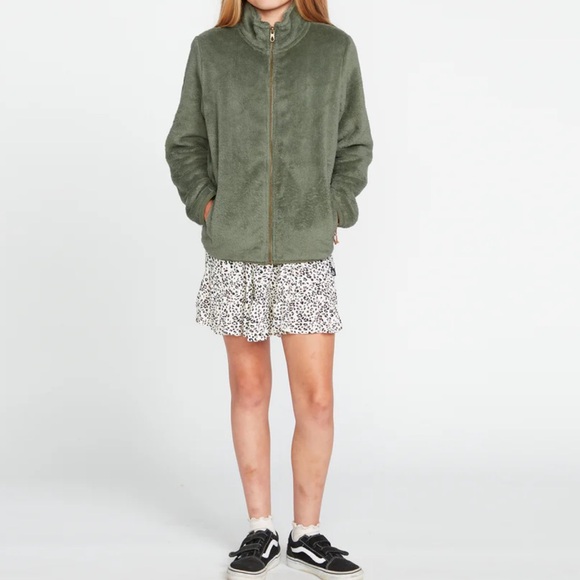 VOLCOM GIRLS PHEELIN PHUZZY ZIP FLEECE - LIGHT ARMY SAGE GREEN WARM JACKET - Picture 1 of 8